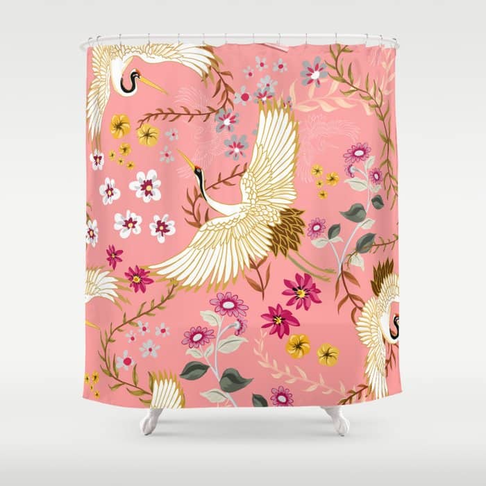 Chinoiserie Cranes On Pink, Birds, Flowers,  Shower Curtain