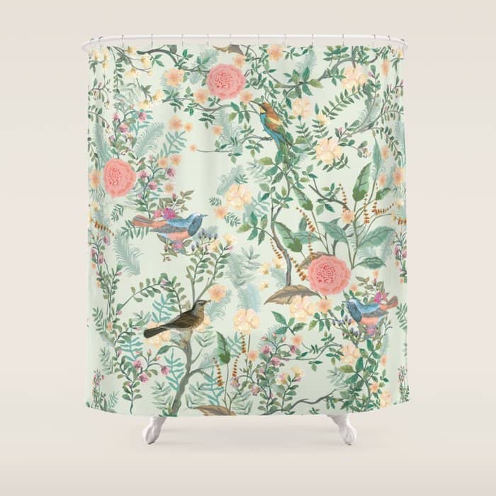 Chinoiserie Mint Green Pink Fresco Floral Garden Oriental Botanical  Shower Curtain