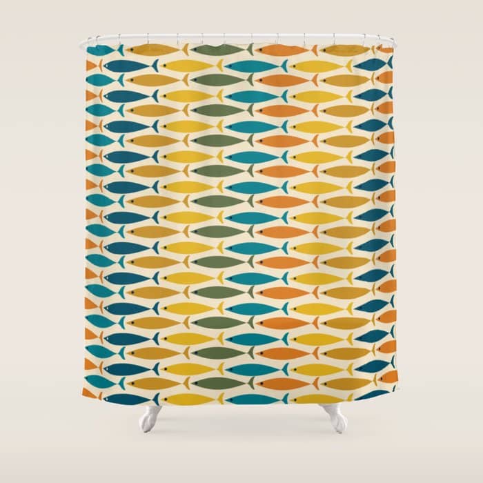 Mid-Century Modern Fish Stripes In Moroccan Teal, Green, Orange, Mustard, And Cream Shower Curtain