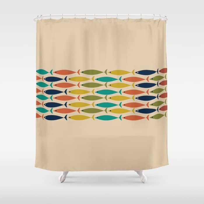 Midcentury Modern Multicolor Fish Stripe Pattern In Olive, Mustard, Orange, Teal, Beige Shower Curtain