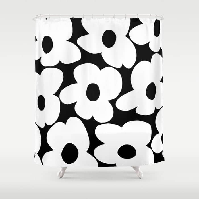 White Retro Flowers Black Background #Decor #Homestorie #Buyart Shower Curtain
