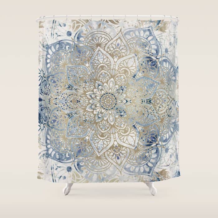 Mandala Flower, Blue And Gold, Floral Prints Shower Curtain