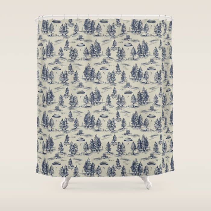 Alien Abduction Toile De Jouy Pattern In Blue Shower Curtain