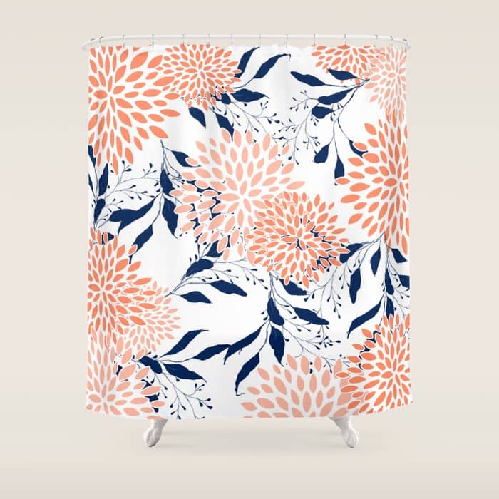 Floral Prints And Leaves, White, Coral And Navy Shower Curtain
