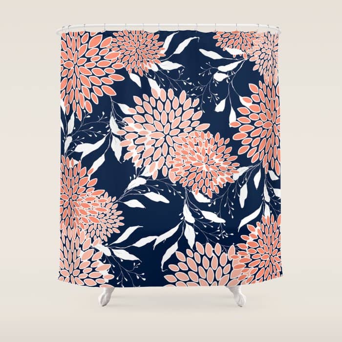 Floral Blooms And Leaves, Navy, Coral And White Shower Curtain
