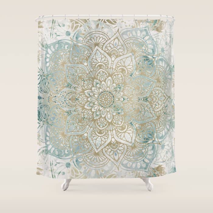 Yoga, Mandala, Teal And Gold, Wall Art Boho Shower Curtain