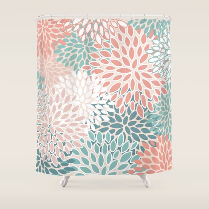 Festive, Floral Prints, Teal, Peach, Coral Shower Curtain