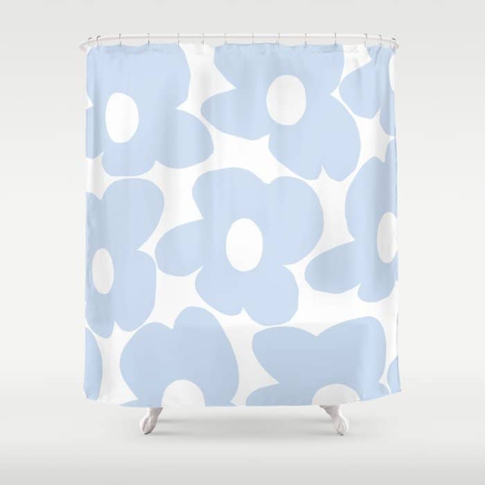 Large Baby Blue Retro Flowers White Background #Decor #Homestorie #Buyart Shower Curtain