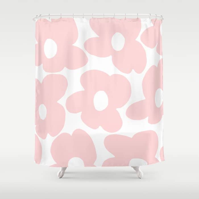 Large Baby Pink Retro Flowers On White Background #Decor #Homestorie #Buyart Shower Curtain