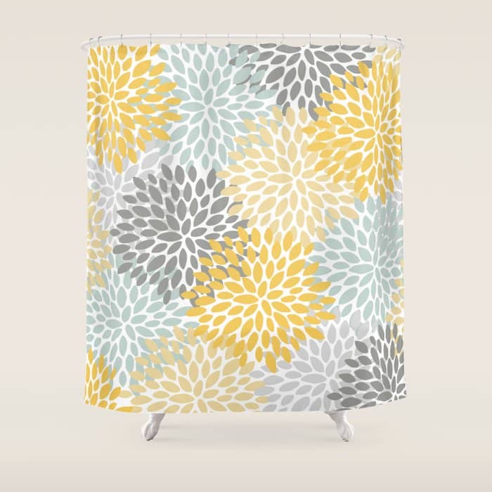 Floral Pattern, Yellow, Pale, Aqua And Gray Shower Curtain