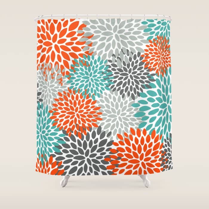 Floral Pattern, Abstract, Orange, Teal And Gray Shower Curtain