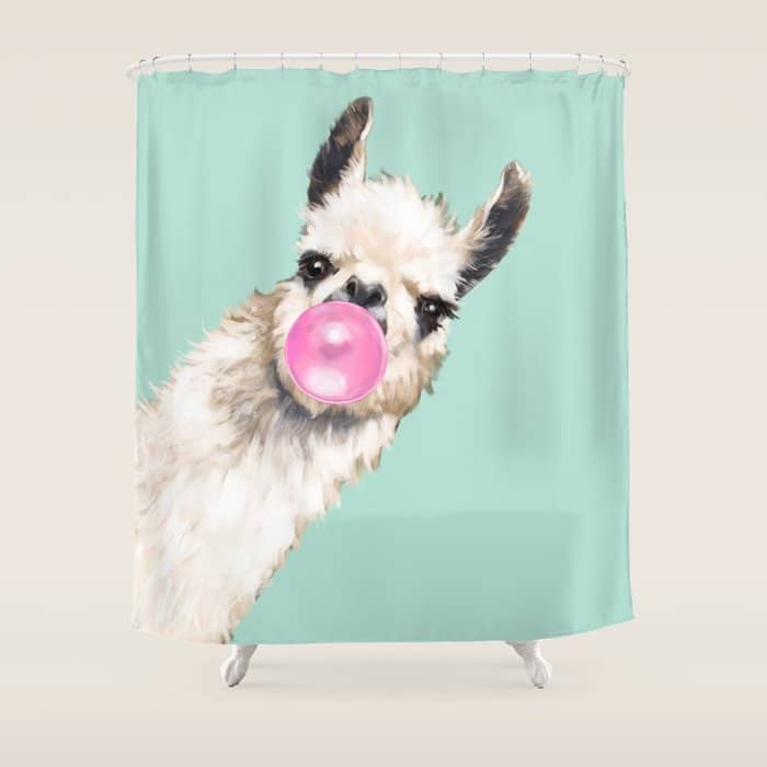 Bubble Gum Sneaky Llama In Green Shower Curtain
