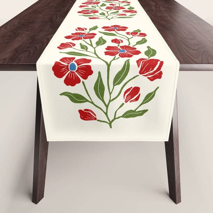 Charming Red Wildflowers Cottagecore Inspired  Table Runner