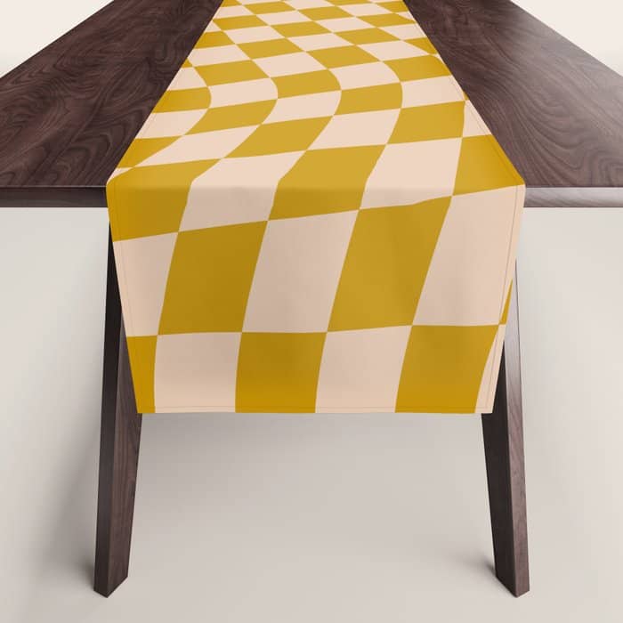 Retro Wavy Optical Illusion Checkerboard Pattern In Mustard Yellow And Cream Table Runner