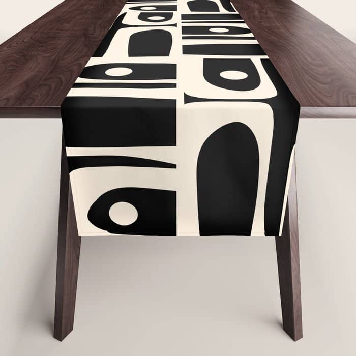 Mid Century Modern Piquet Abstract Multi Pattern In Black And Almond Cream Table Runner