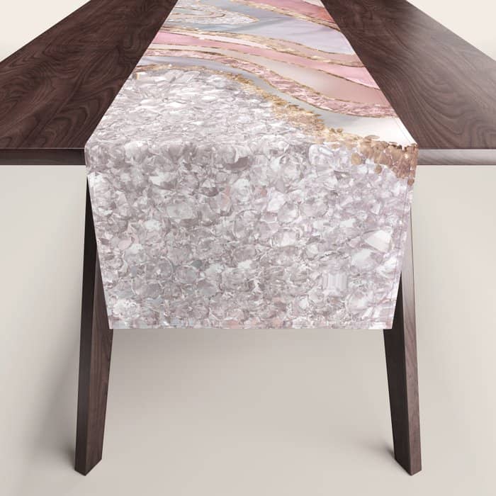 Rose Marble, Pearl And Crystals Geode Digital Art Table Runner