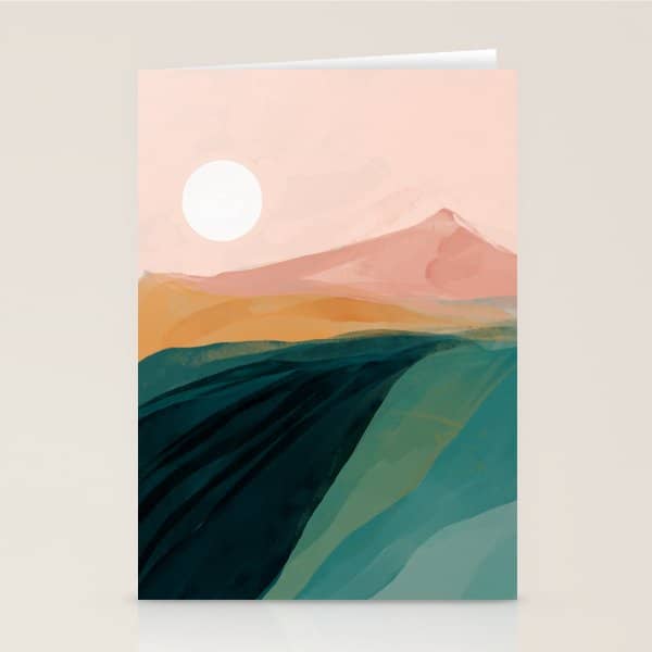Pink, Green, Gold Moon Watercolor Mountains Stationery Card