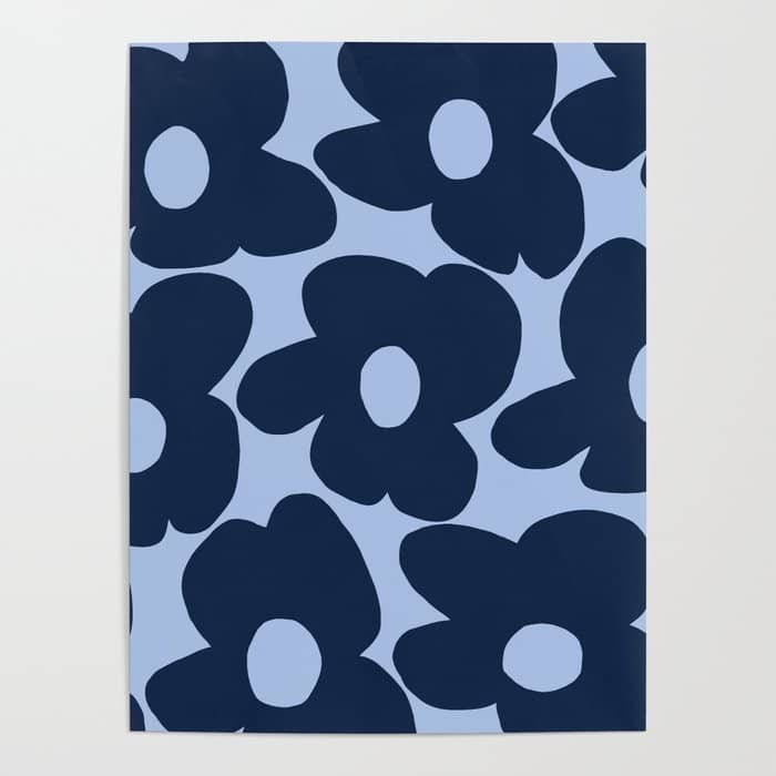Large Dark Blue Retro Flowers Baby Blue Background #Decor #Homestorie #Buyart Poster