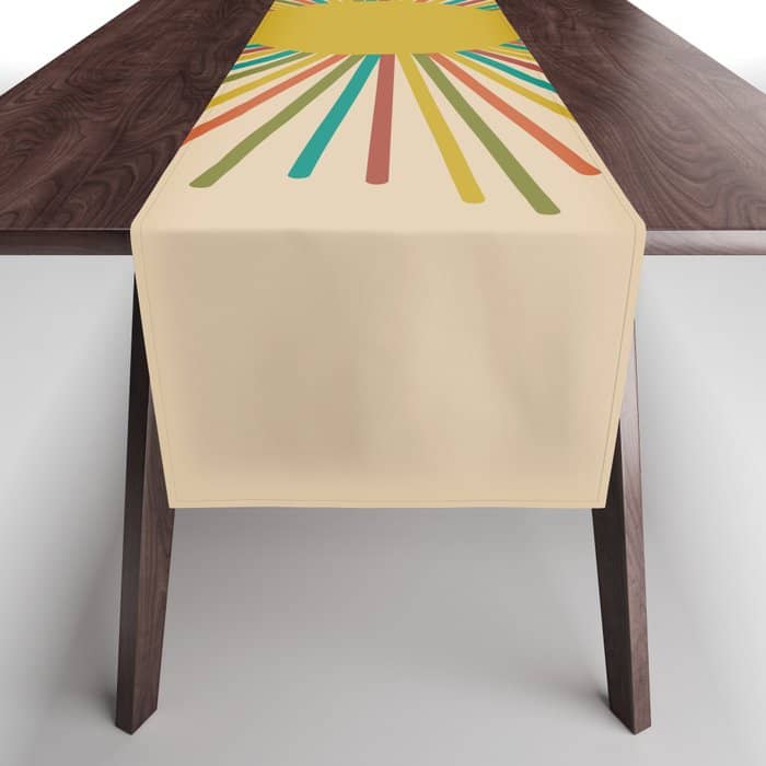 Mid-Century Modern Sunburst - Minimalist Abstract Sun In Mid Mod Mustard, Orange, Olive, Blue, And Beige Table Runner