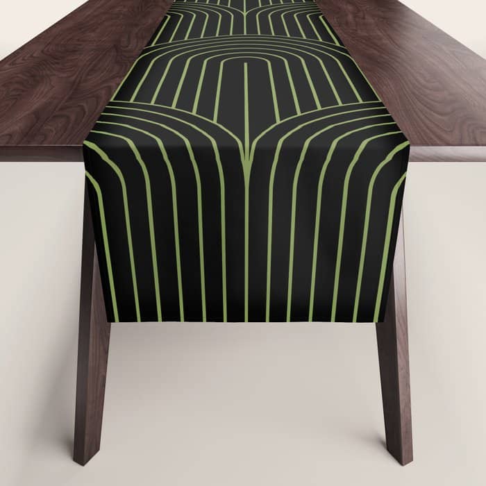 Art Deco Arch Pattern I Black & Neutral Green Table Runner