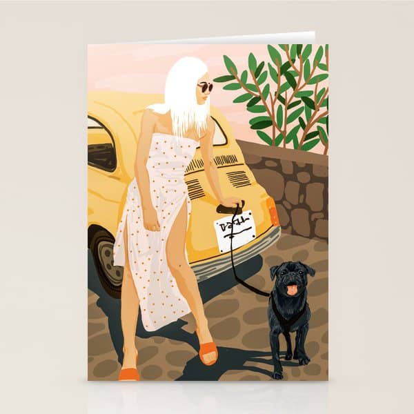 Tour, Pet Dog Walk, Italy Summer Fashion Woman, Animal Illustration, Travel Bohemian Cooper Painting Stationery Card