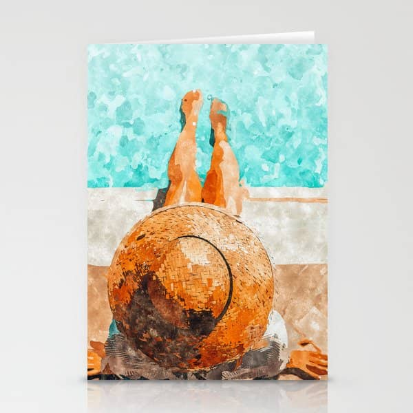 By The Pool All Day, Summer Travel Woman Swimming, Tropical Fashion Bohemian Painting Stationery Card