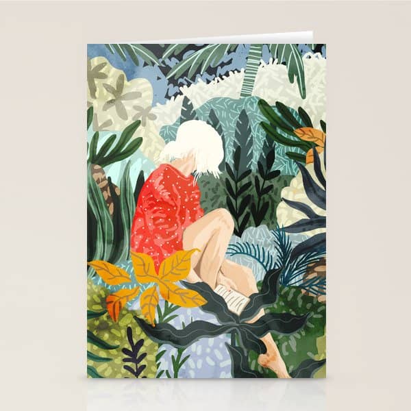 The Distracted Reader | Mindfulness Solo Travel | Bohemian Jungle Botanical Mood | Nature Book Lady Stationery Card