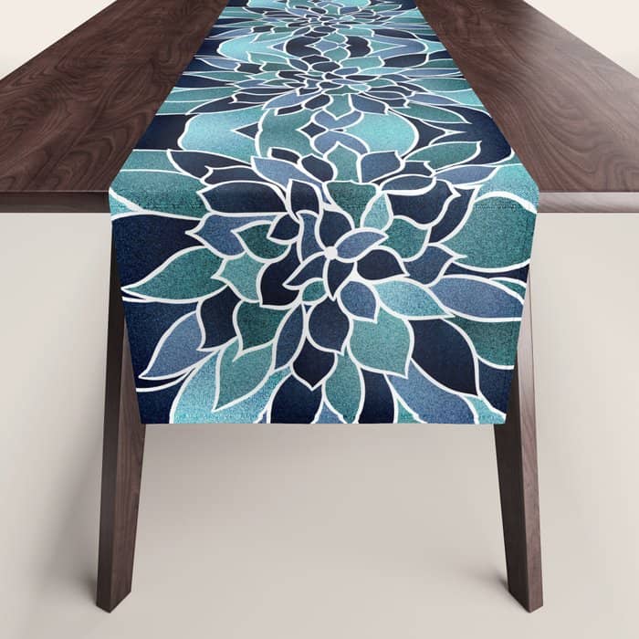 Festive, Flower Bloom, Navy Blue And Teal Table Runner