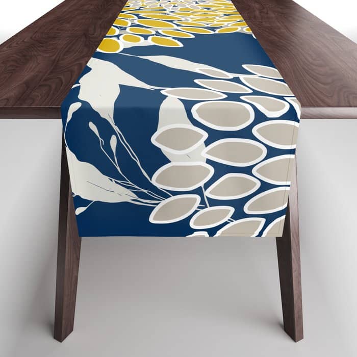 Floral Leaves And Blooms, Navy Blue, Yellow, Beige Table Runner