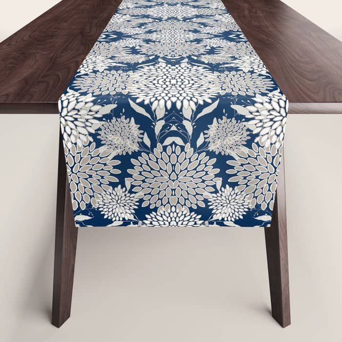 Leaves And Blooms, Blue And Gray Table Runner