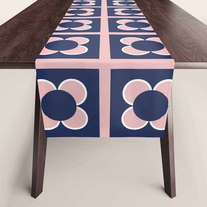 Scandi Flower Minimalist Mid Century Floral Pattern In Pink, White, And Navy Blue Table Runner