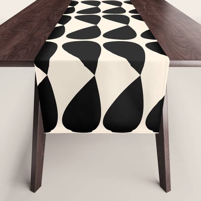 Mod Leaves Mid Century Modern Abstract Pattern In Black And Almond Cream Table Runner