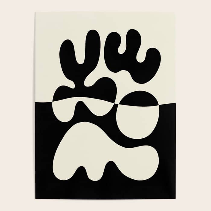 Mid Century Modern Organic Abstraction 235 Black And Ivory White Poster