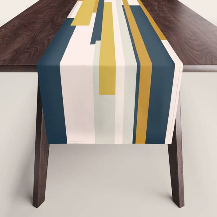 Wright Mid-Century Modern Abstract In Mustard Yellow, Navy Blue, Pale Blush Table Runner