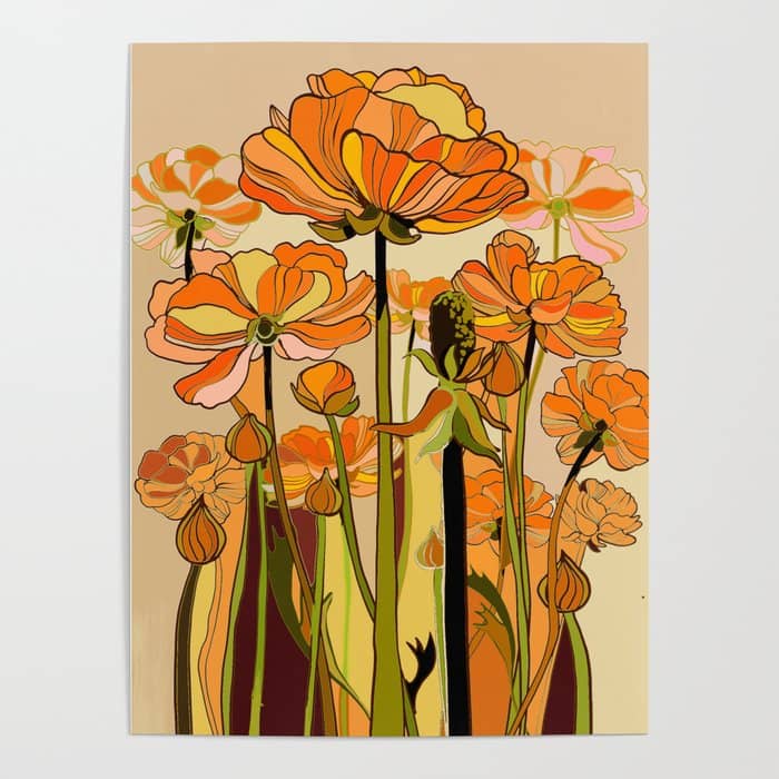 70s, Orange California Poppies, Mid Century, 70s Retro, Flowers Poster
