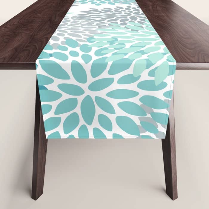 Floral Pattern, Aqua, Teal, Turquoise And Gray Table Runner