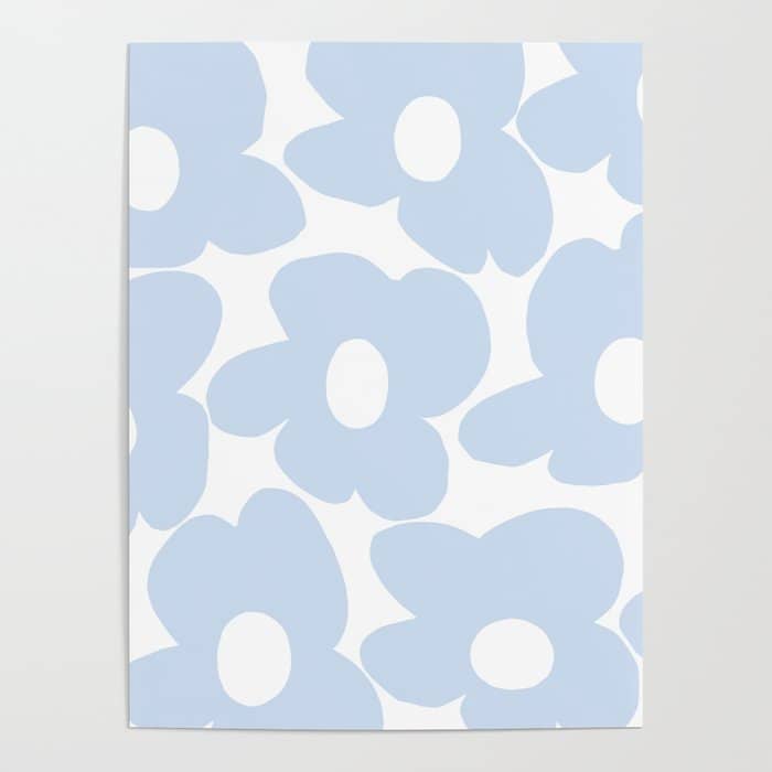 Large Baby Blue Retro Flowers White Background #Decor #Homestorie #Buyart Poster