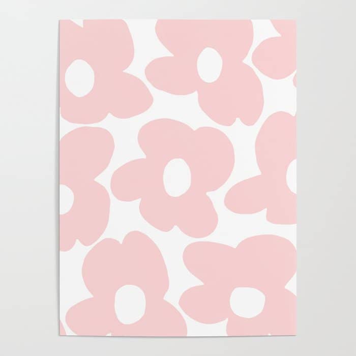 Large Baby Pink Retro Flowers On White Background #Decor #Homestorie #Buyart Poster