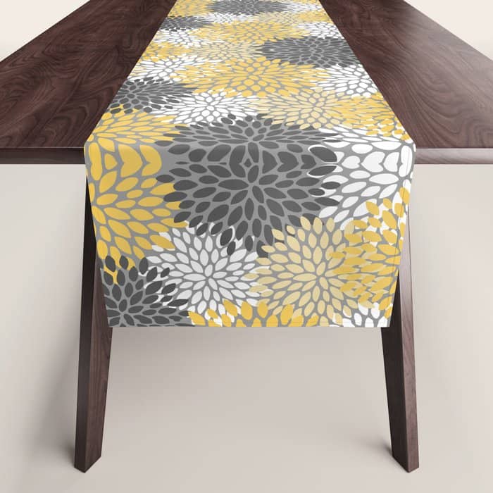 Modern Elegant Chic Floral Pattern, Soft Yellow, Gray, White Table Runner