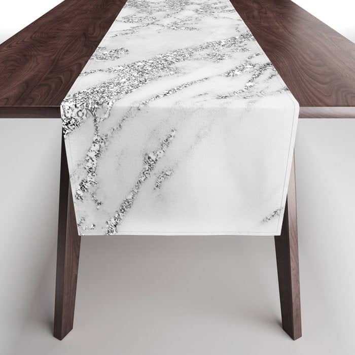 Elegant Chic White Gray Silver Glitter Marble Table Runner
