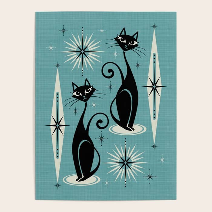 Mid Century Meow Retro Atomic Cats On Blue Poster