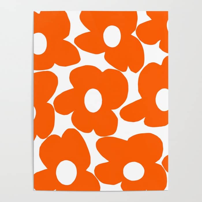 Orange Retro Flowers White Background #Decor #Homestorie #Buyart Poster