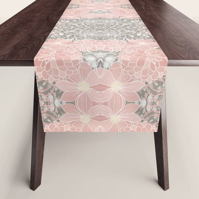 Floral Dahlias, Blush Pink, Gray, White Table Runner