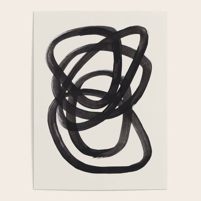 Mid Century Modern Minimalist Abstract Art Brush Strokes Black & White Ink Art Spiral Circles Poster