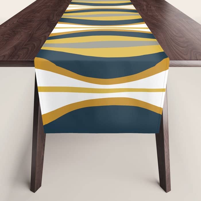 Hourglass Abstract Mid Century Modern Retro Pattern In Mustard Yellow, Navy Blue, Grey, And White Table Runner