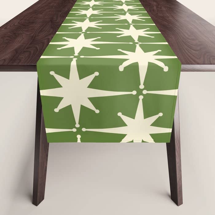 Atomic Age Starbursts - Midcentury Modern Pattern In Cream And Retro Green Table Runner