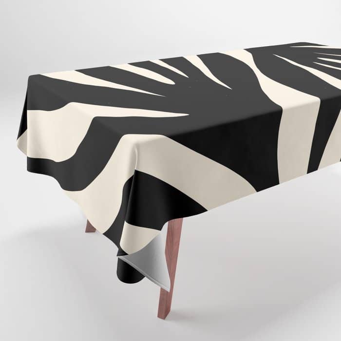 Maldives Leaves Abstract Minimalist Pattern Black And Almond Cream Tablecloth