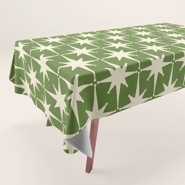 Atomic Age Starbursts - Midcentury Modern Pattern In Cream And Retro Green Tablecloth