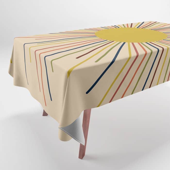 Mid-Century Modern Sunburst - Minimalist Abstract Sun In Mid Mod Mustard, Orange, Olive, Blue, And Beige Tablecloth