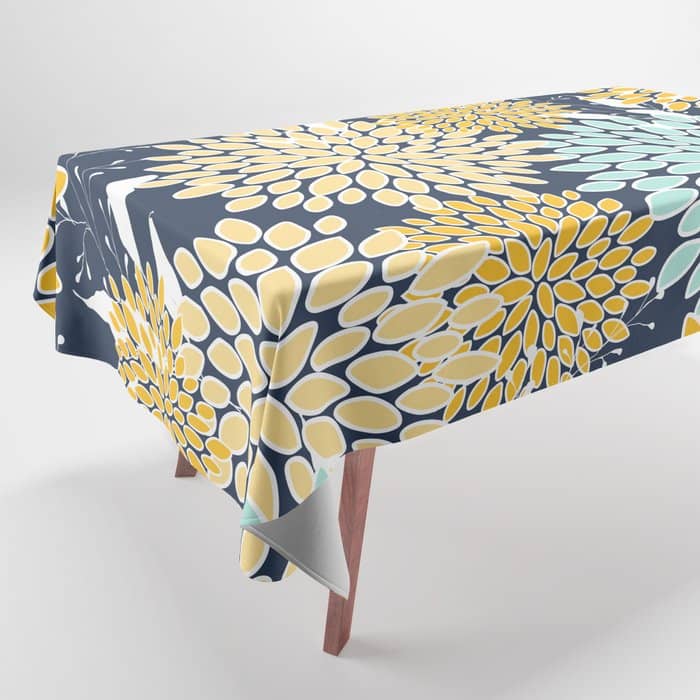Floral Prints And Leaves, Navy Blue, Yellow, Aqua Tablecloth